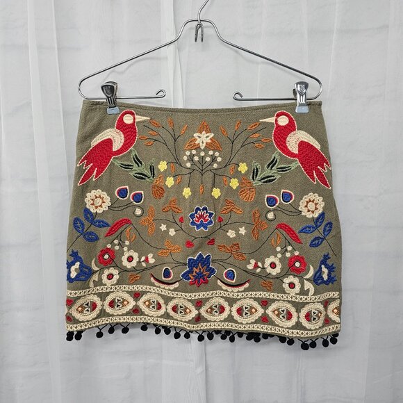 Island Girl Olive Green Red Embroidered Bird Print Mini Skirt Boho M - Picture 12 of 12